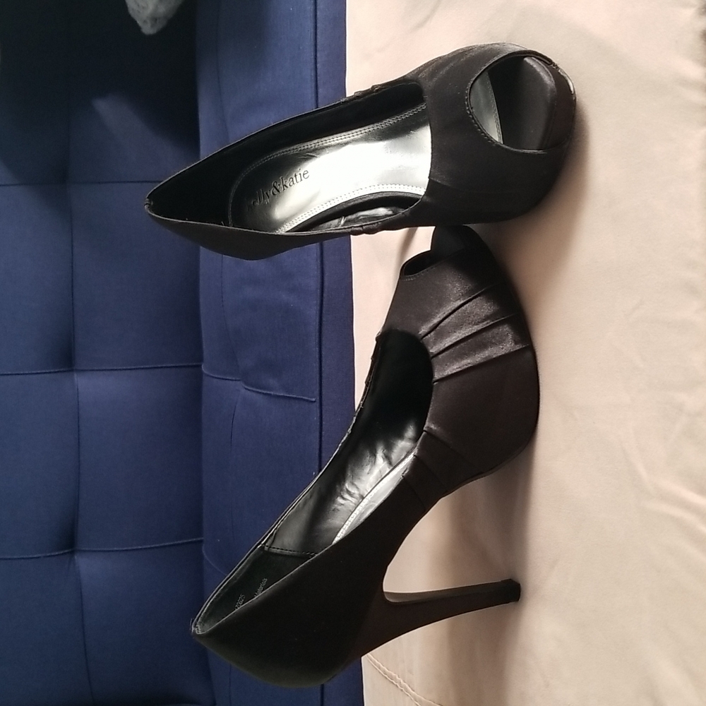 Black, satin, platform, peep-toe satin heels